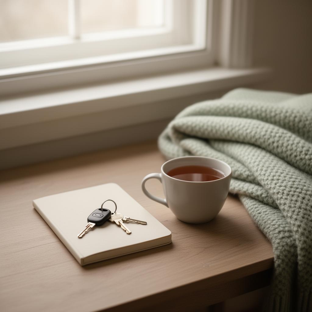 A notebook, cup of tea, and house keys on a wooden table near a sunlit window